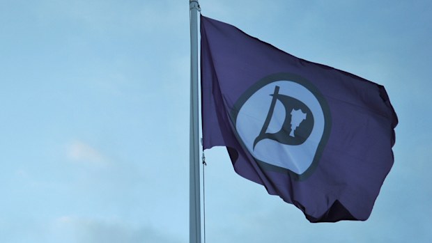 The flag of the the Pirate Party of Iceland near the party's headquarters in Reykjavik port. (AFP)
