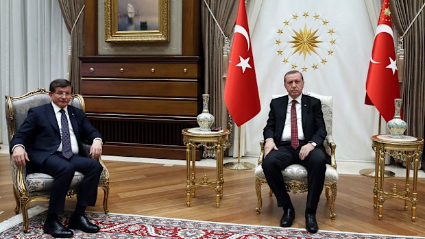 Turkey's President Recep Tayyip Erdogan, meets with Turkey's Prime Minister Ahmet Davutoglu, following the explosion in the capital. (AP) 