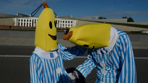 Bananas in Pyjamas outside Parliament House in Canberra. (AAP)