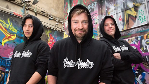 Hosier Hoodies founder Ben Hoban (centre), manager James Harrison (right) and printer Zhen Lim (left). (Ben Hoban)