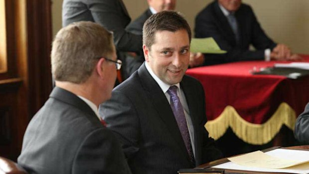 Victorian Liberal leader Matthew Guy, pictured with outgoing leader Denis Napthine. (AAP)
