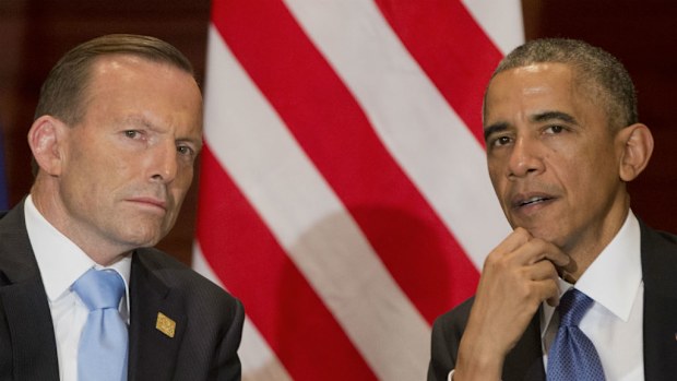 Prime Minister Tony Abbott meets with US president Barack Obama in Beijing. (AAP)