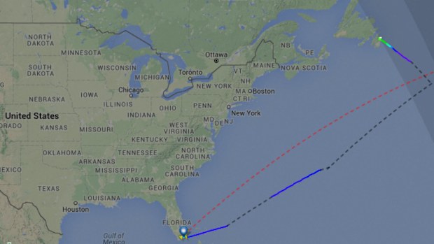 Flight AA206 diverted towards Canada while en route to Milan from Miami. (Flight Radar 24)