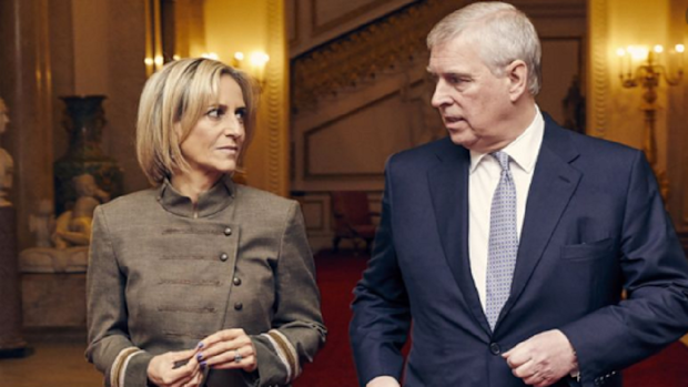 Emily Maitlis from BBC Newsnight walking with Prince Andrew ahead of their sit-down intervi