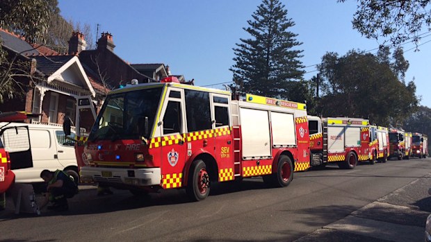 Fire trucks lining the street. (David Scott)