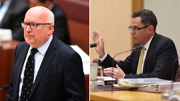 Attorney-General George Brandis (left) has had a spat with Solicitor-General Justin Gleeson (right) over new legal advice rules. (AAP)