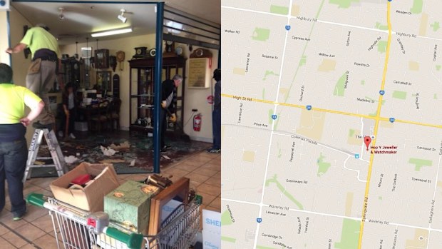 Damage to the store (left) on O'Sullivan Road in Glen Waverley. (Twitter/EmilyRice28 and Google Maps)