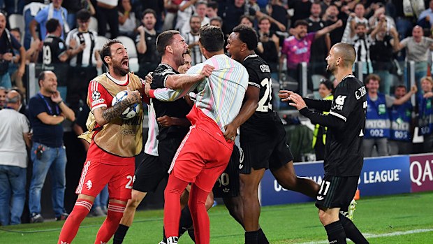 Dusan Vlahovic of Juventus celebrates scoring.