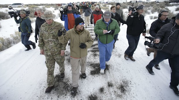 Members of the group occupying the Malheur National Wildlife Refuge HQ with the media. (AAP)