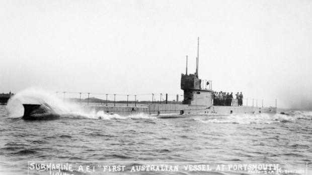 Australia's first submarine, the AE1, off the coast of Portsmouth, England in 1914. (AAP)