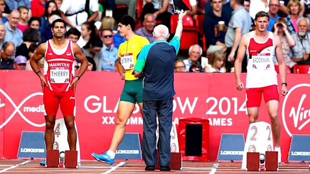 Guillaume Thierry of Mauritius, Jake Stein of Australia and Martin Brockman of England after the first false start during heat 1 of the Men's Decathlon 100 metres at Hampden Park. (Getty Images)