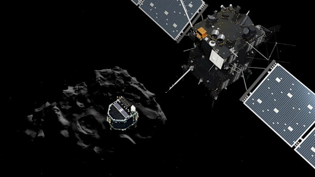 A computer-generated image of how the Philae lander will detach from the Rosetta spacecraft and land on the comet. (AAP)