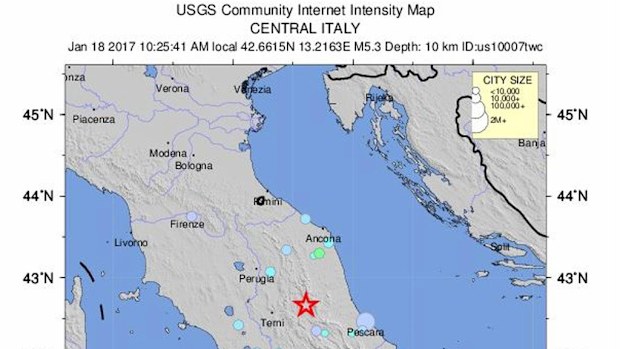 A handout from the United States Geological Survey shows the location of a 5.3 magnitude earthquake that struck at 10:25 am local time 104 km northeast of Rome. (Supplied/AAP)