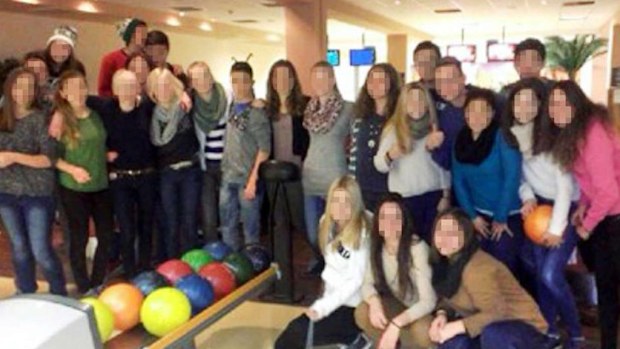 A group image taken of the German students with their exchange guests at a bowling alley. It is understood only some of these students are among the crash victims. (Supplied)