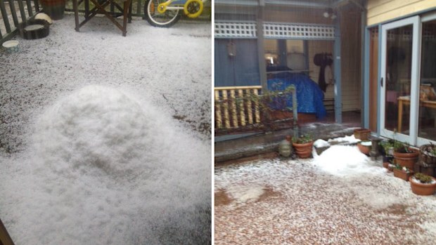 Hail fell at Wentworth Falls (left) and Katoomba (right). (Supplied)