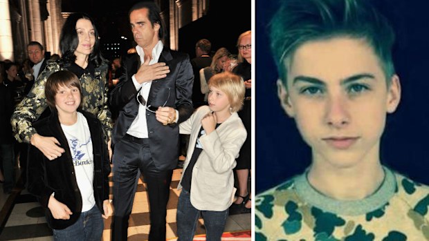 Nick Cave with his family in 2012 (left) and Arthur Cave. (Getty)