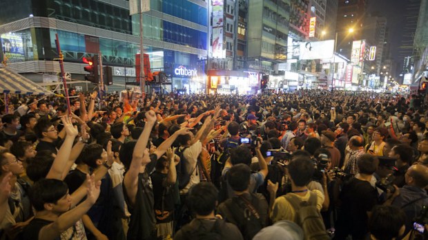 Pro-democracy protesters on day six of the Occupy Central campaign in Hong Kong. (AAP)