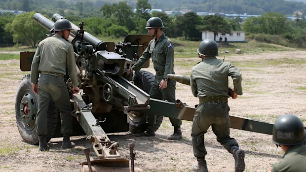 South Korean soldiers during a military drill at the border city of Cherwon earlier this year. (AAP)