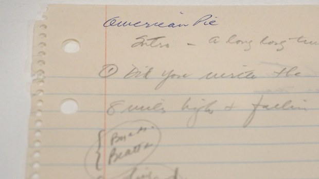 The original handwritten song lyrics for Don McLean's American Pie have sold at auction for US$1.2m. (AAP)