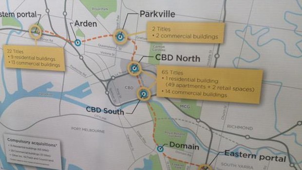 A map showing some of the properties to be acquired to complete the Melbourne Metro Rail project. (9NEWS)