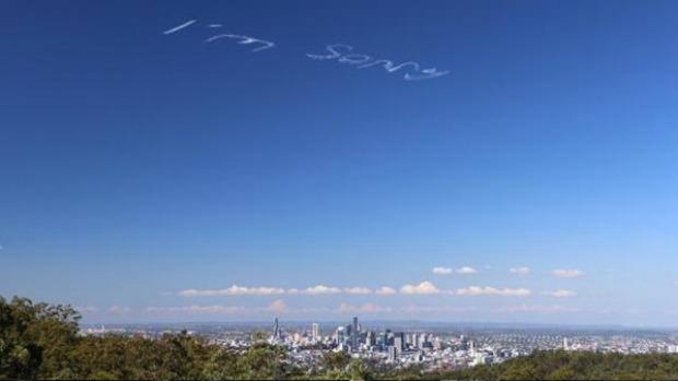 Mystery surrounds the apology written in the sky over Brisbane. (Twitter, @RJMcGirr)