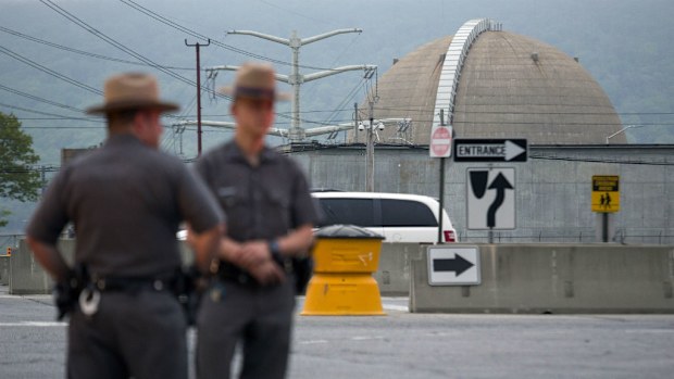 New York State Troopers stand outside the Indian Point nuclear facility. (AAP)