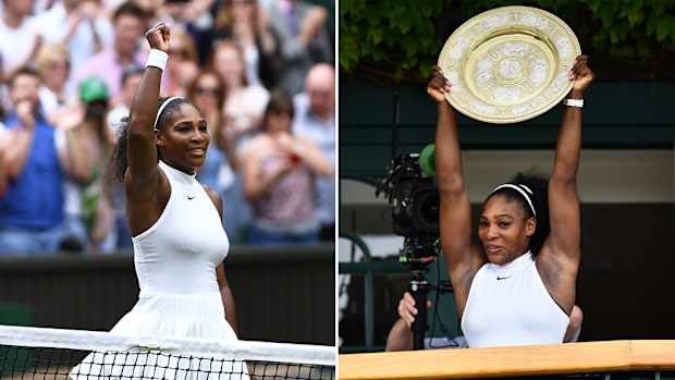 US player Serena Williams poses with the winner's trophy after her women's singles final victory over Germany's Angelique Kerber at the 2016 Wimbledon Championships on July 9, 2016. (AFP)