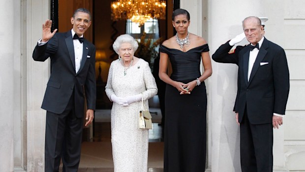 The Obamas, the Queen and Prince Philip at a reciprocal dinner at Winfield House in London, Wednesday, May 25, 2011.
