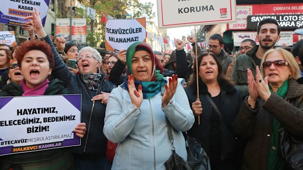 Turkish women stage a protest in Ankara on November 19, 2016 after a government legislation proposal that would overturn men's convictions for child sex assault if they married their victim. (AFP)