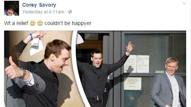 Corey Savory and Thomas Vernon, both aged 23, celebrate as they walk free from an English court despite admitting to an unprovoked attack on an innocent man. (Facebook)