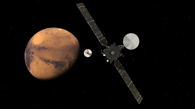 The Schiaparelli lander (L) and Trace Gas Orbiter (R). (European Space Agency/ATF Medialab)