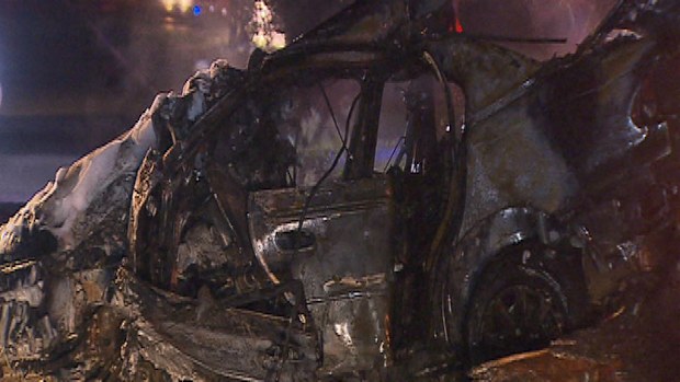 The destroyed wreckage of the man's car. (9NEWS)