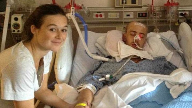 Australian high school teacher, Robert Scott and girlfriend Amy Jarvis in the intensive care ward at Fresno's Saint Agnes Medical Centre in California. (AAP)