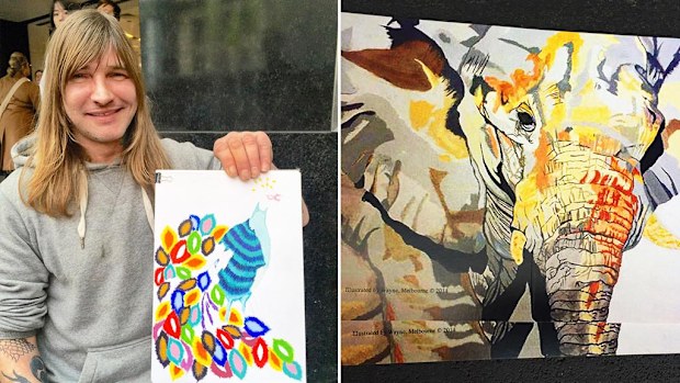 Homeless Melbourne man "Wayne" and his artwork. (Facebook/Humans In Melbourne/Chris Cincotta)