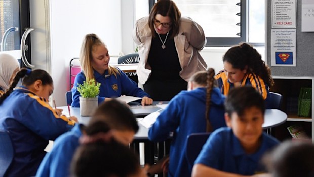 New South Wales Minister for Education Sarah Mitchell chats with students in Merrylands.