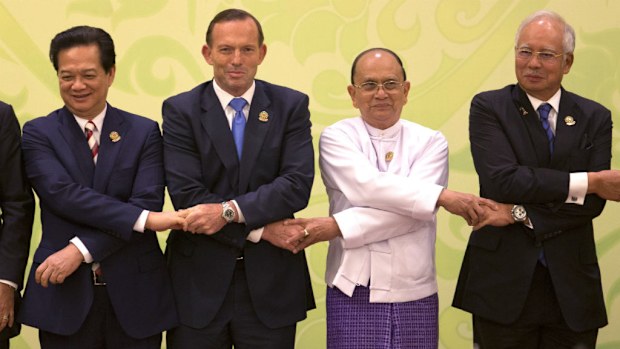 Tony Abbott poses with leaders of the Association of Southeast Asian Nations in Myanmar. (AAP)