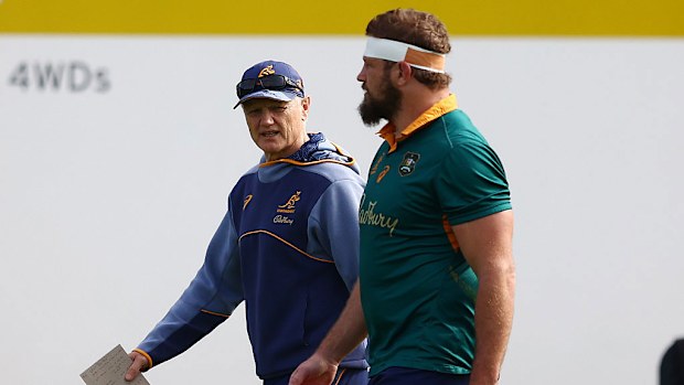 Wallabies coach Joe Schmidt and James Slipper.