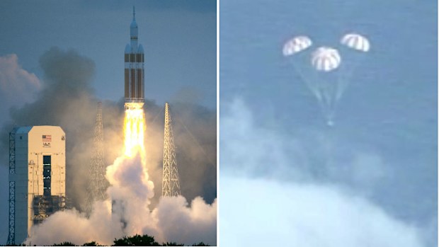 A composite photo showing the Orion capsule lifting off from Cape Canaveral in Florida and splashing down in the Pacific Ocean. (AAP)