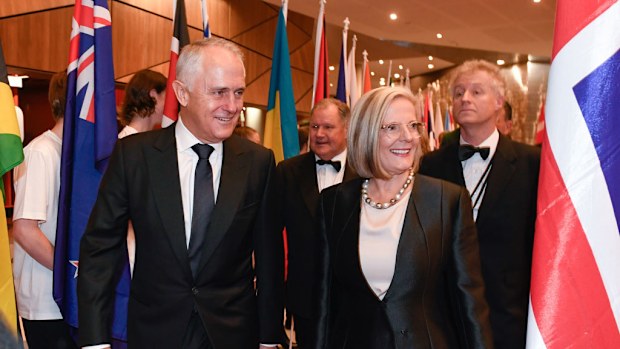 Prime Minister Malcolm Turnbull with wife Lucy arrives at the Prime Minister's 9th Olympic dinner at Melbourne Convention Centre. (AAP)