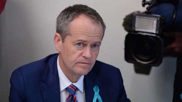 Leader of the Opposition Bill Shorten wears a teal ribbon as he meets ovarian cancer survivors and their families at the Queen Victoria Women's Centre, as part of the 2016 election campaign in the federal seat of Melbourne. (AAP)