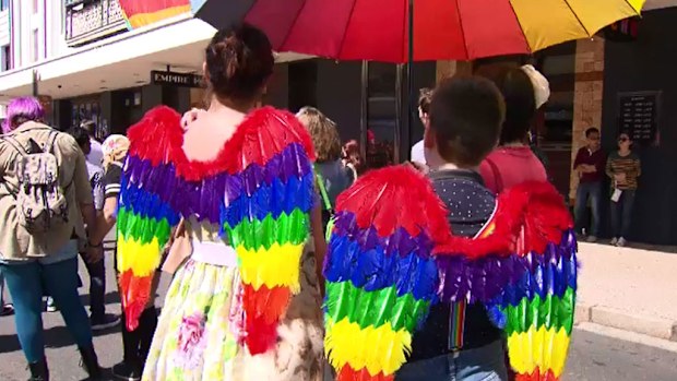 A couple at Brisbane's Gay Pride march last year. (9NEWS)