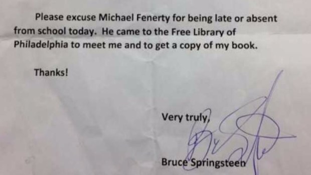Springsteen signed the fifth grader's absentee note.