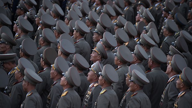 Soldiers of the Korean People's Army watch a military parade marking the 70th anniversary of the ruling Workers Party, in Pyongyang. 
(AFP)