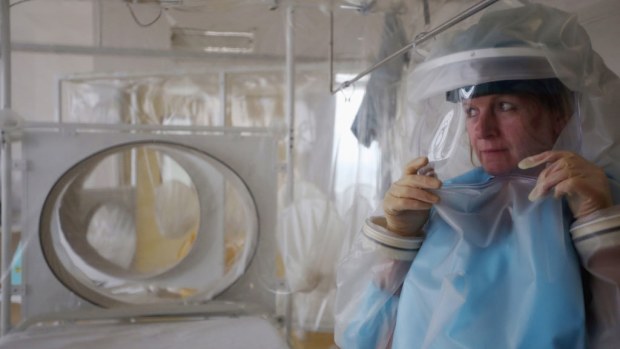 A nurse in London demonstrates the procedure when preparing to treat potential patients with Ebola. (Getty Images)