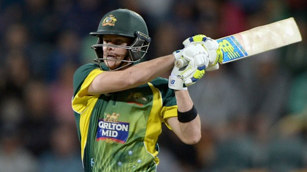 Australian captain Steve Smith blasts away a ball during an ODI game against England in Hobart. (Getty)