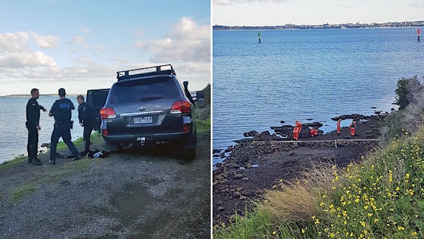 Police divers prepare to enter the water after suspected human remains were found in North Geelong. (Twitter/@kieranjones_9)