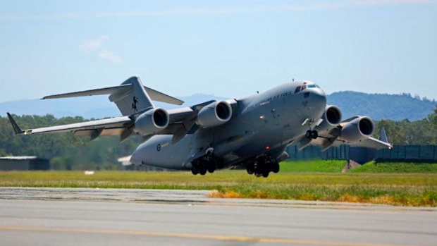 An RAAF C-17 takes off bound for Nepal. (Royal Australian Air Force)