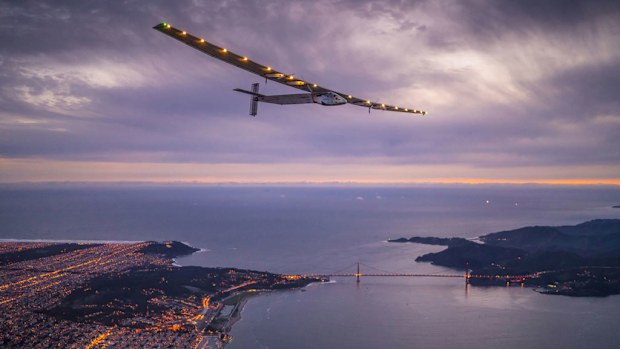 The solar-powered plane travels at about the same speed as a car. (Jean Revillard/AFP)