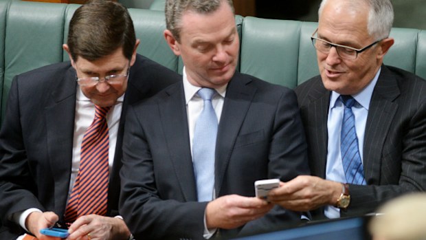 Minister for Social Services Kevin Andrews , Minister for Education Christopher Pyne and Minister for Communications Malcolm Turnbull. Mr Pyne has been urged to lay off the texting. (AAP)