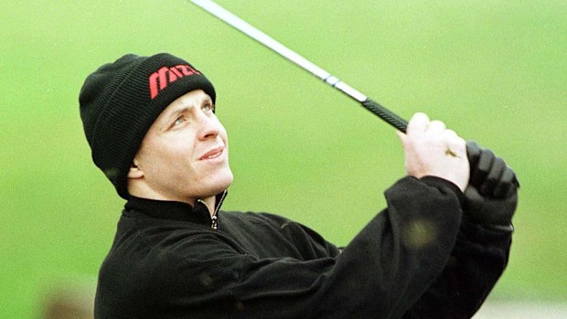 All Black Christian Cullen follows the flight the ball during a Steinlager Golf Day.